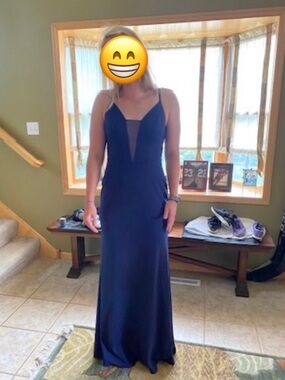 Elegant Navy Mesh-Inset Evening Gown - Women